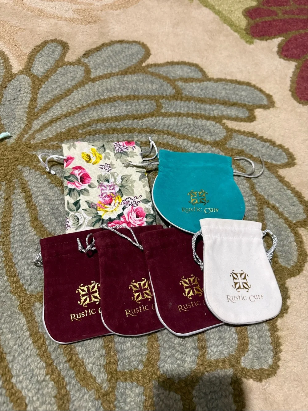 Rustic Cuff Velvet Drawstring Jewelry Pouches - Burgundy, Teal, Floral, white